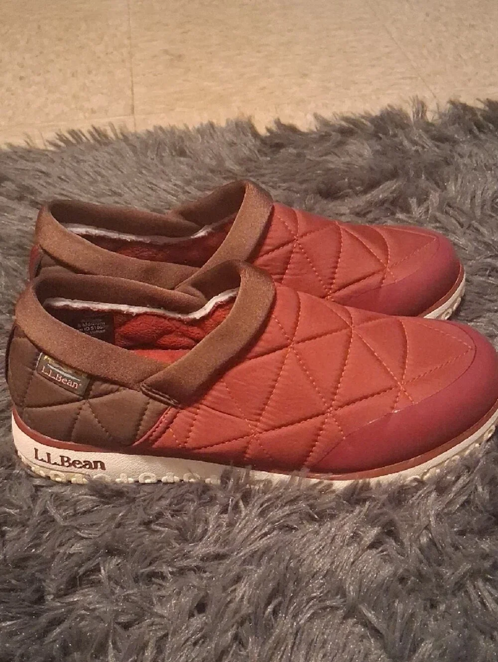 L.L. Bean Quilted Slip-On Shoes in Burgundy with Brown Trim